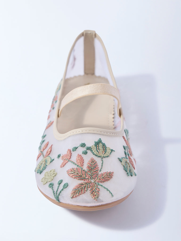 Westside Yellow Girls Ivory Floral Embroidered Mesh Ballerina for Festival Wear Front view