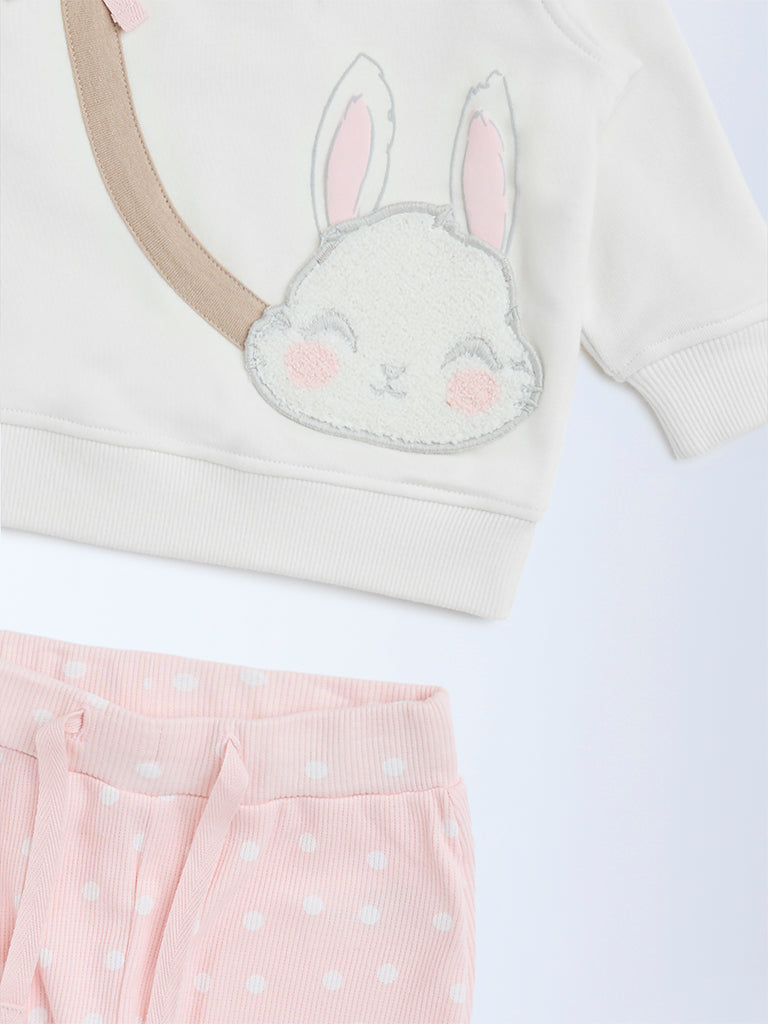 HOP Baby Off-White Bunny Design Cotton-Blend Sweatshirt and Pants Set