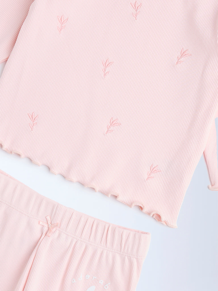 HOP Baby Pink Embroidered Cotton-Blend T-Shirt and Pants Set