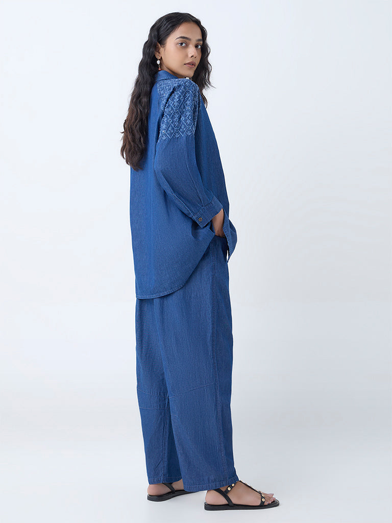 Utsa Dark Blue Embroidered Denim Tunic