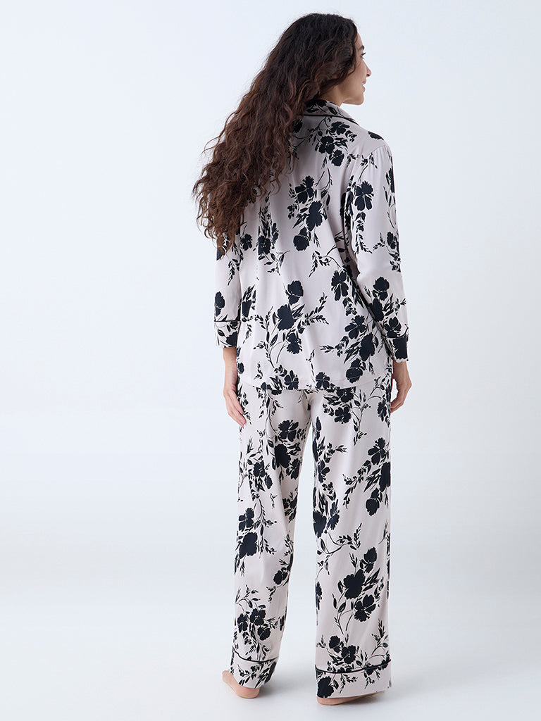 Wunderlove Black Floral Design Satin Shirt and Pyjamas Set