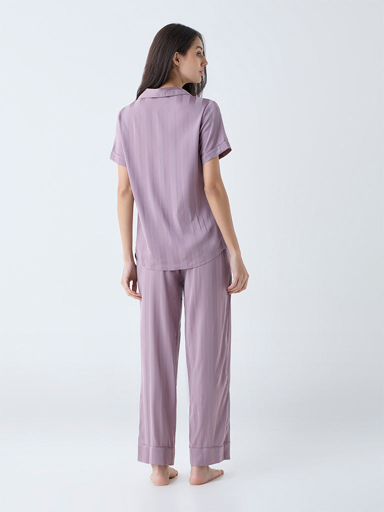 Wunderlove Mauve Self-Striped Satin Shirt and Pyjama Set