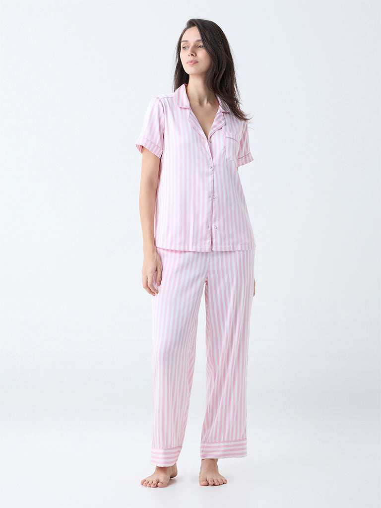 Wunderlove Pink Stripe Satin Shirt and Pyjamas Set