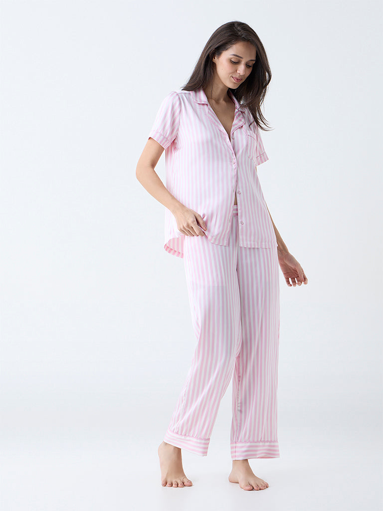 Wunderlove Pink Stripe Satin Shirt and Pyjamas Set