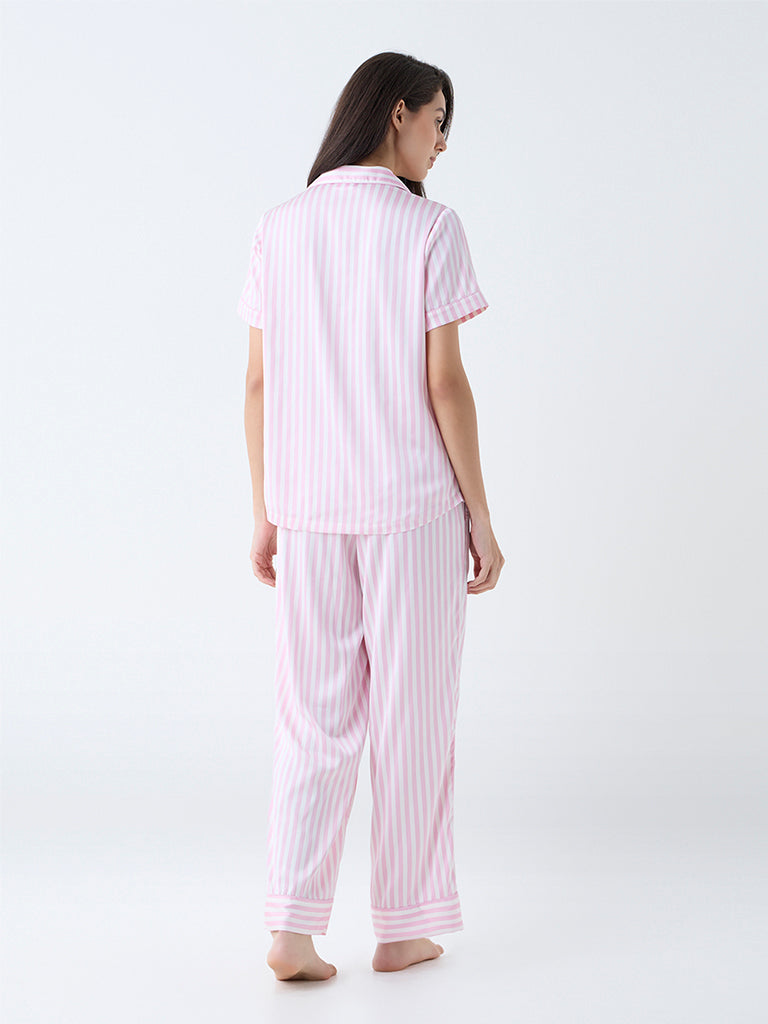 Wunderlove Pink Stripe Satin Shirt and Pyjamas Set