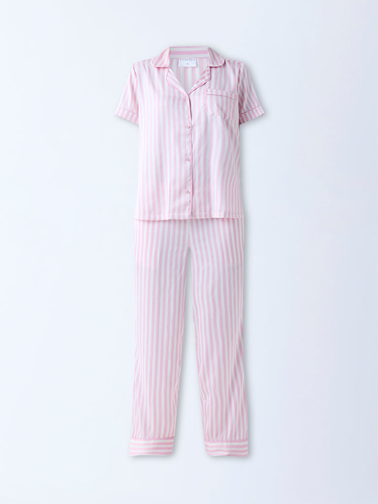 Wunderlove Pink Stripe Satin Shirt and Pyjamas Set
