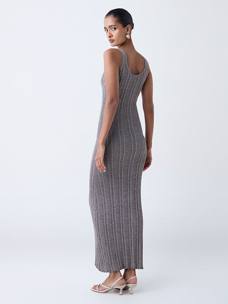Wardrobe Silver Self-Striped Bodycon Maxi Dress