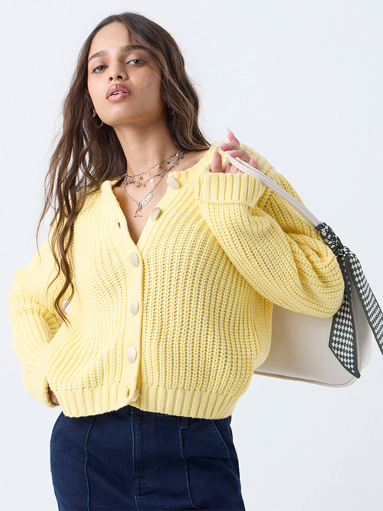 LOV Yellow Knit-Textured Cardigan