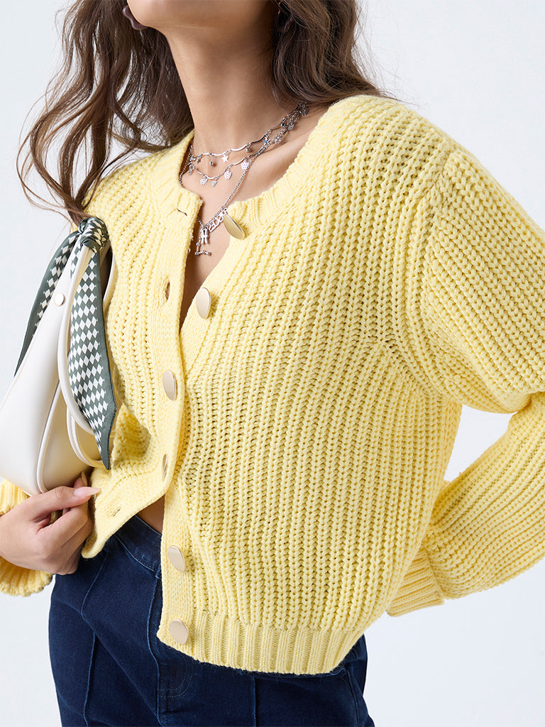 LOV Yellow Knit-Textured Cardigan