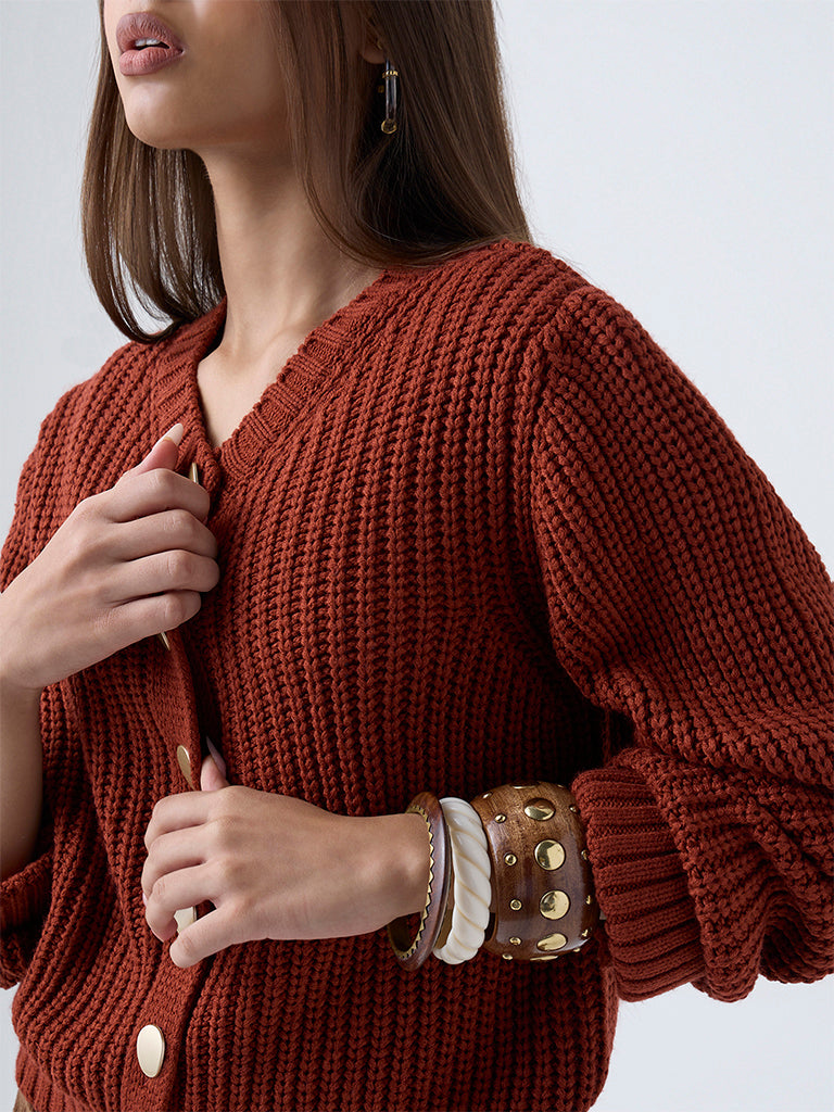 LOV Rust Knit-Textured Cardigan