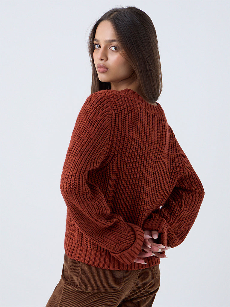 LOV Rust Knit-Textured Cardigan