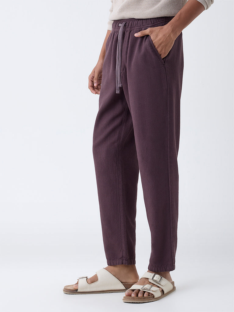 ETA Dark Purple Solid Relaxed Fit Mid-Rise Cotton Chinos