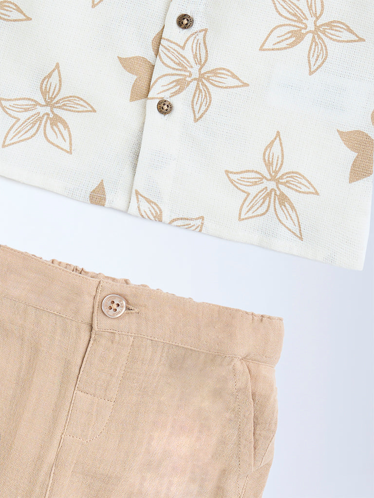 HOP Baby Beige Floral Design Cotton Shirt and Trousers Set