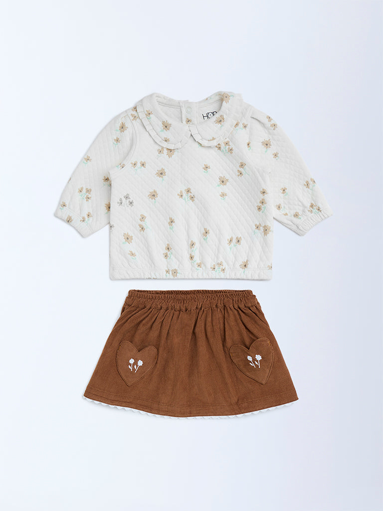 HOP Baby White Floral Cotton-Blend Top and Skirt Set