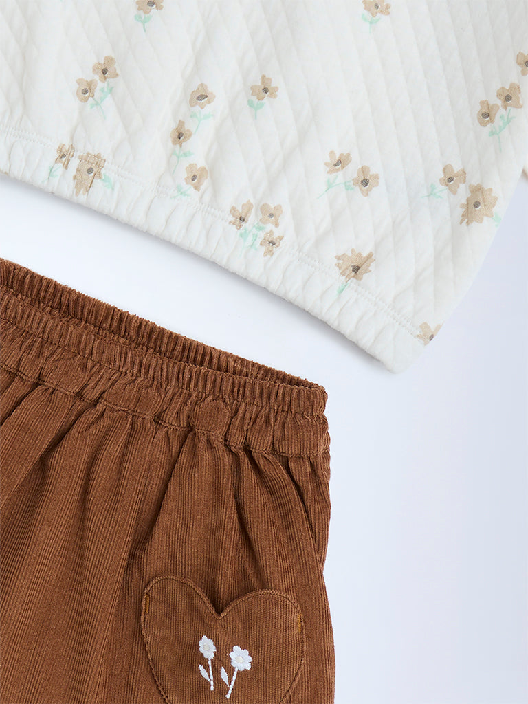 HOP Baby White Floral Cotton-Blend Top and Skirt Set