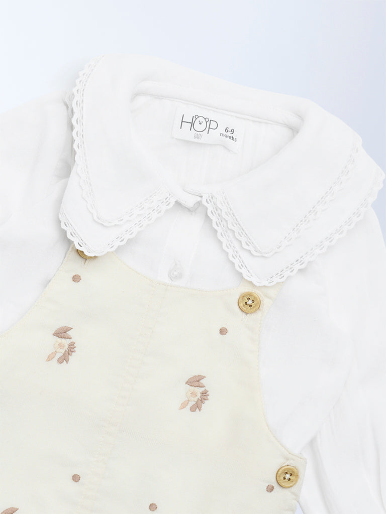 HOP Baby Girls Beige Embroidered Cotton Pinafore with Top Set