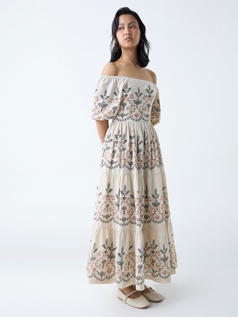 Bombay Paisley Off-White Foliage Cotton Off-Shoulder Dress