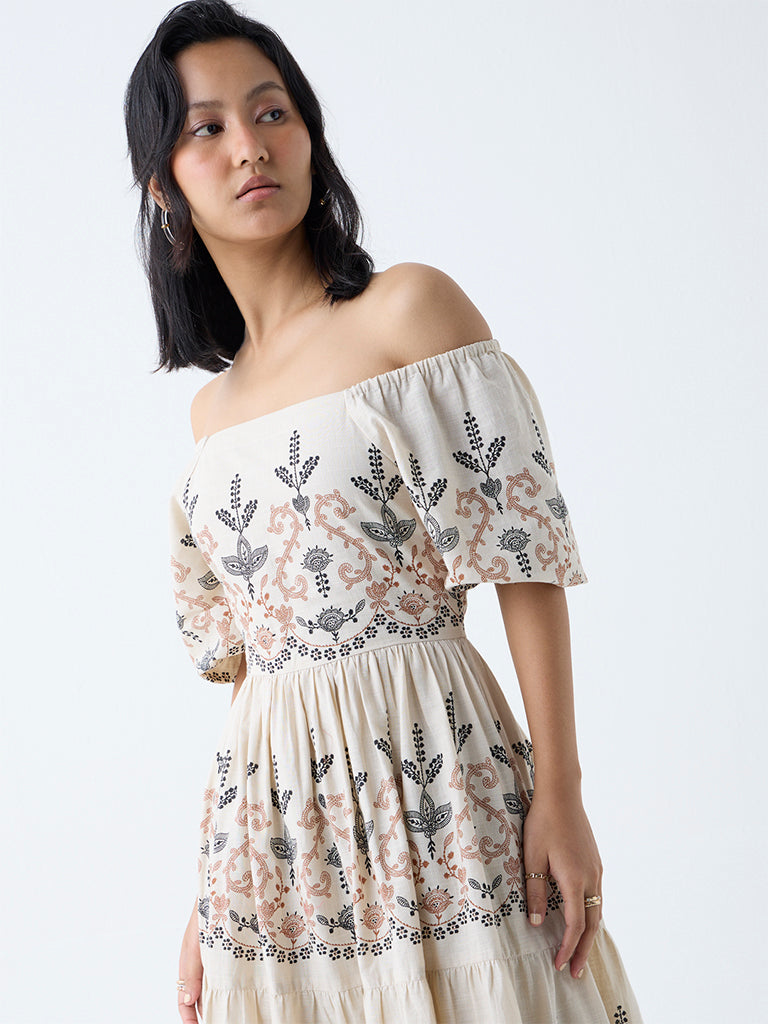 Bombay Paisley Off-White Foliage Cotton Off-Shoulder Dress