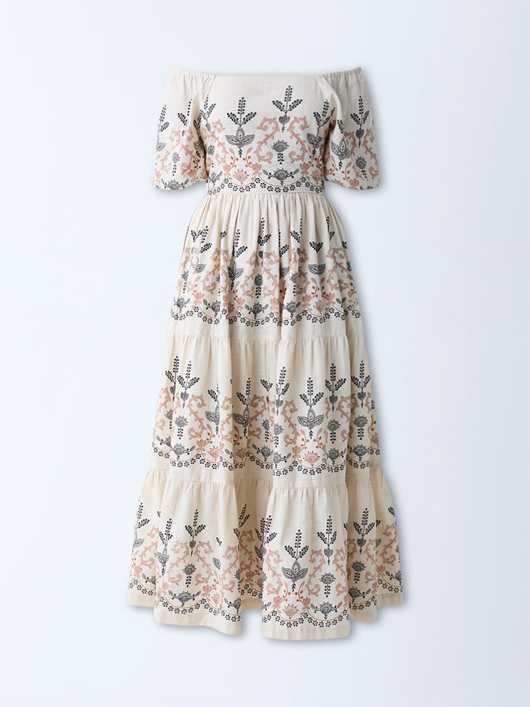 Bombay Paisley Off-White Foliage Cotton Off-Shoulder Dress