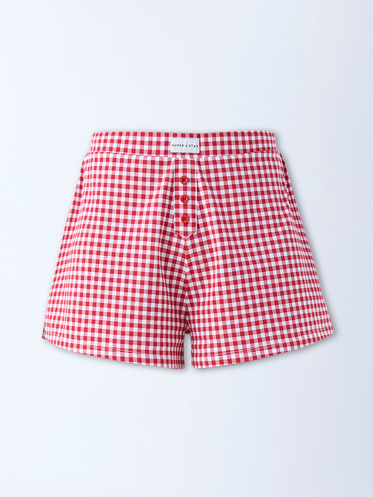 Westside Superstar Women's Red Gingham Checkered Cotton-Blend Shorts for Casual Wear Flatly