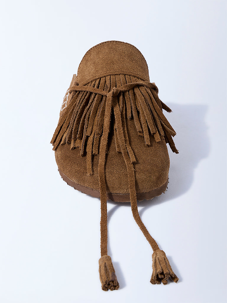 LUNA BLU Tan Fringe Detailed Suede Slip-On Shoes