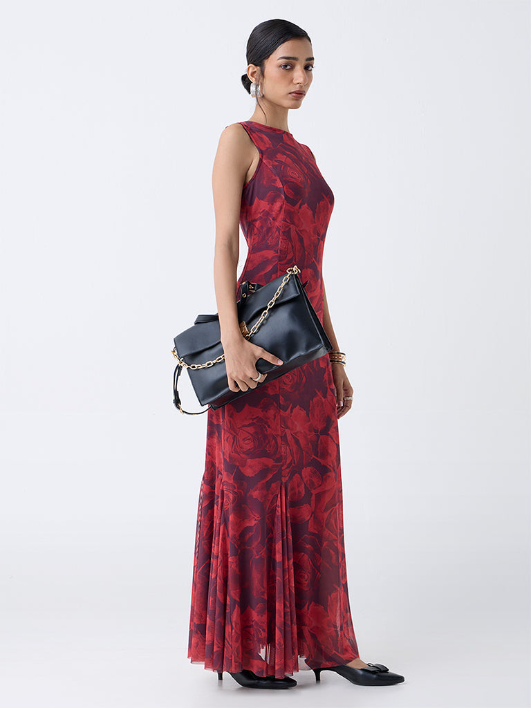 Westside Wardrobe Women's Red Floral Design Mermaid Dress for Work Wear Full View