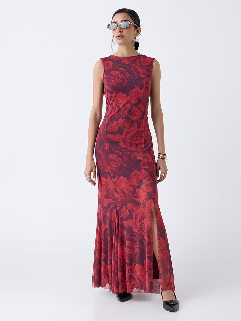Westside Wardrobe Women's Red Floral Design Mermaid Dress for Work Wear Front view
