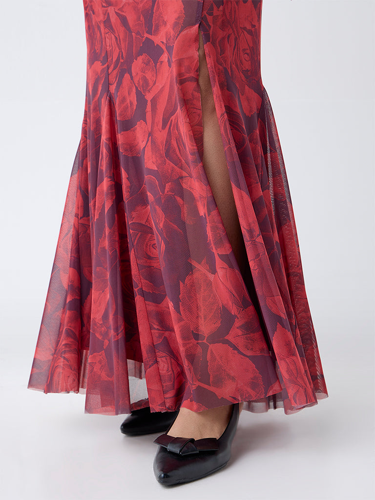 Westside Wardrobe Women's Red Floral Design Mermaid Dress for Work Wear Zoomed View