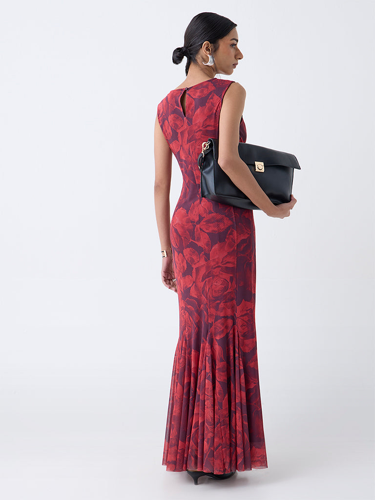 Westside Wardrobe Women's Red Floral Design Mermaid Dress for Work Wear Back View