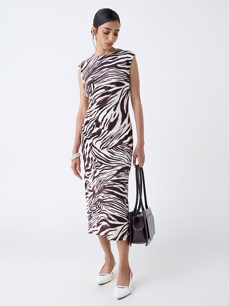 Westside Wardrobe Women's Dark Brown Animal Printed Sheath Dress for Work Wear Full View