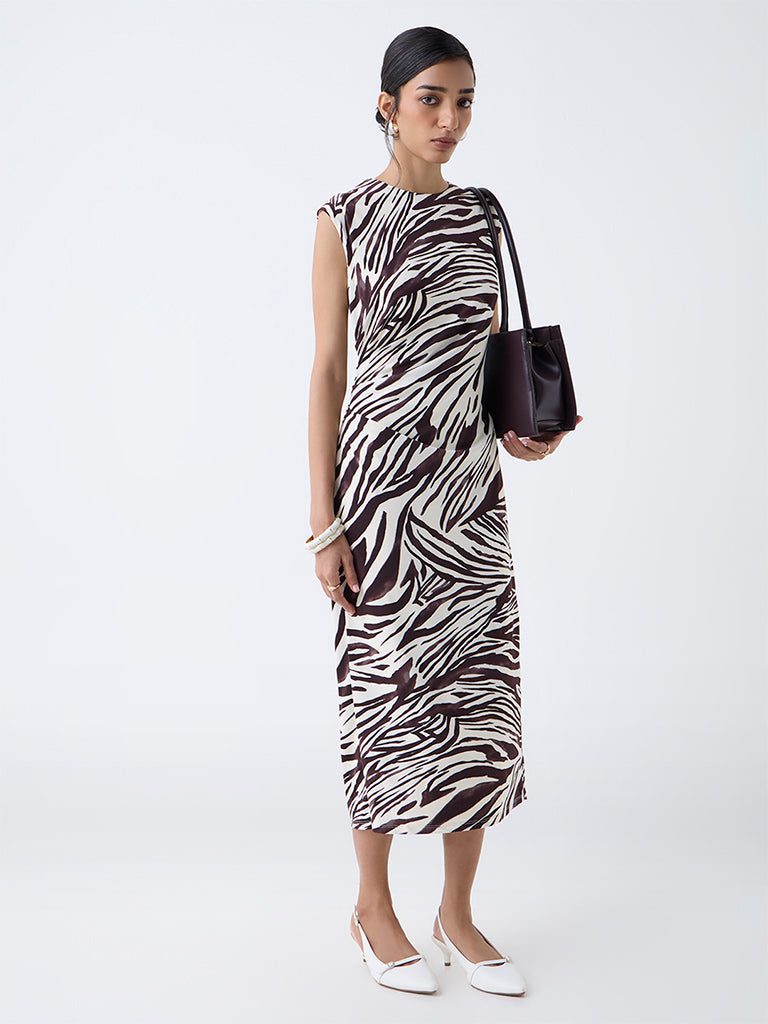 Westside Wardrobe Women's Dark Brown Animal Printed Sheath Dress for Work Wear Front view