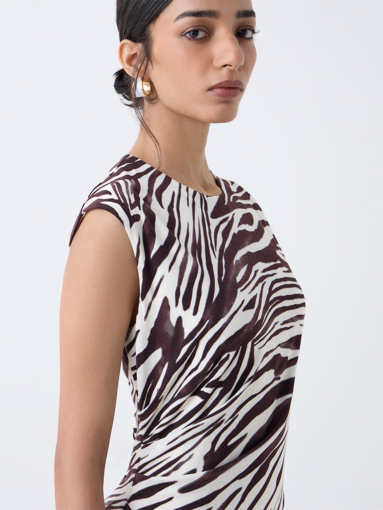 Westside Wardrobe Women's Dark Brown Animal Printed Sheath Dress for Work Wear Zoomed View