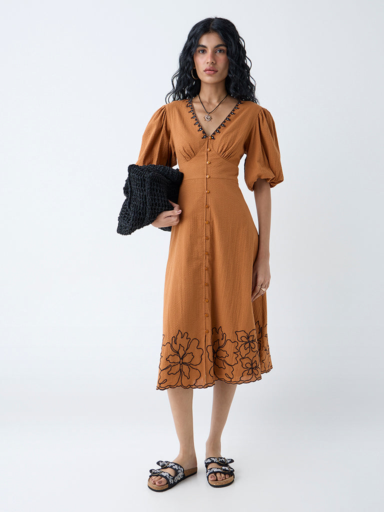 Bombay Paisley Tan Floral Design Cotton A-Line Dress