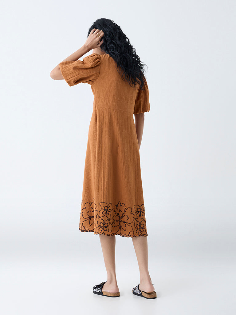 Bombay Paisley Tan Floral Design Cotton A-Line Dress