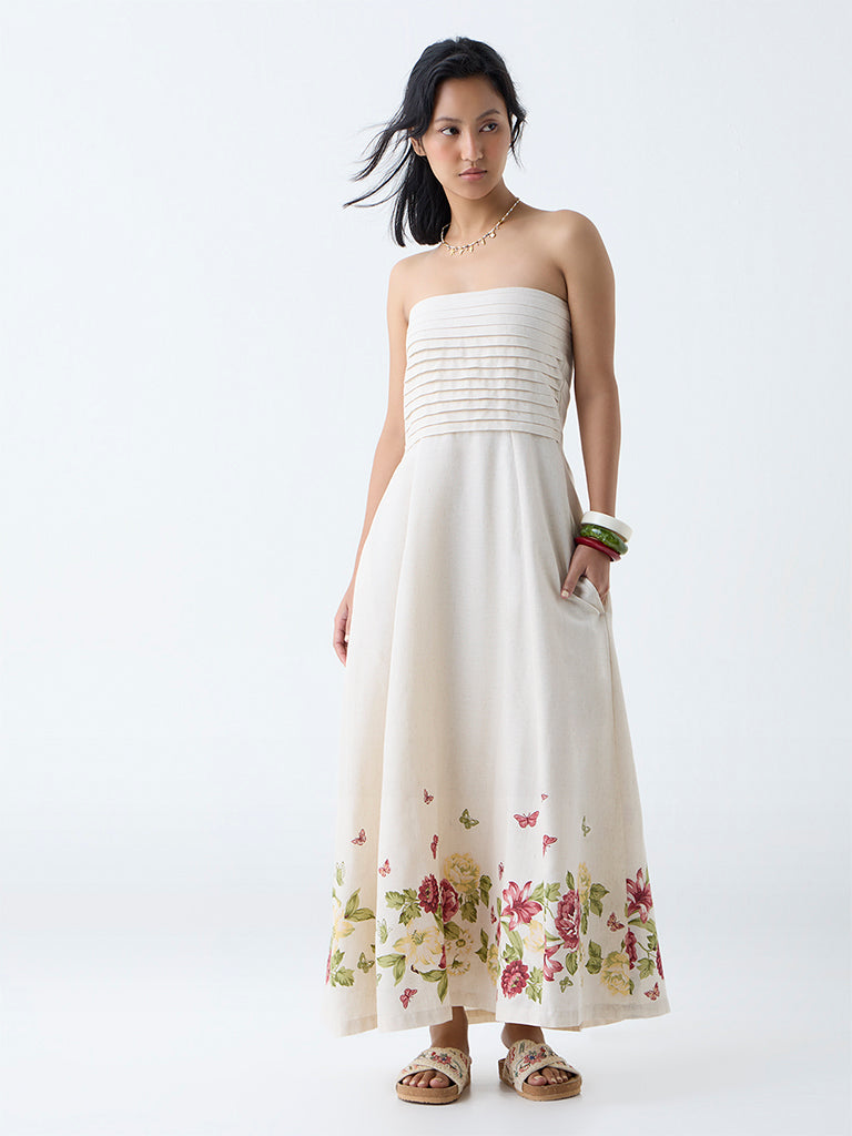 Bombay Paisley Off-White Floral Design Cotton Tube Dress