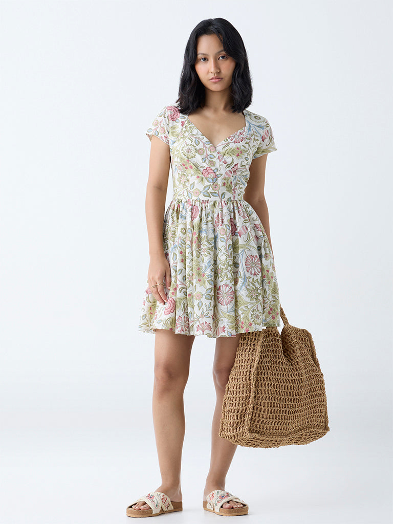 Bombay Paisley Multicolour Floral Cotton A-Line Dress
