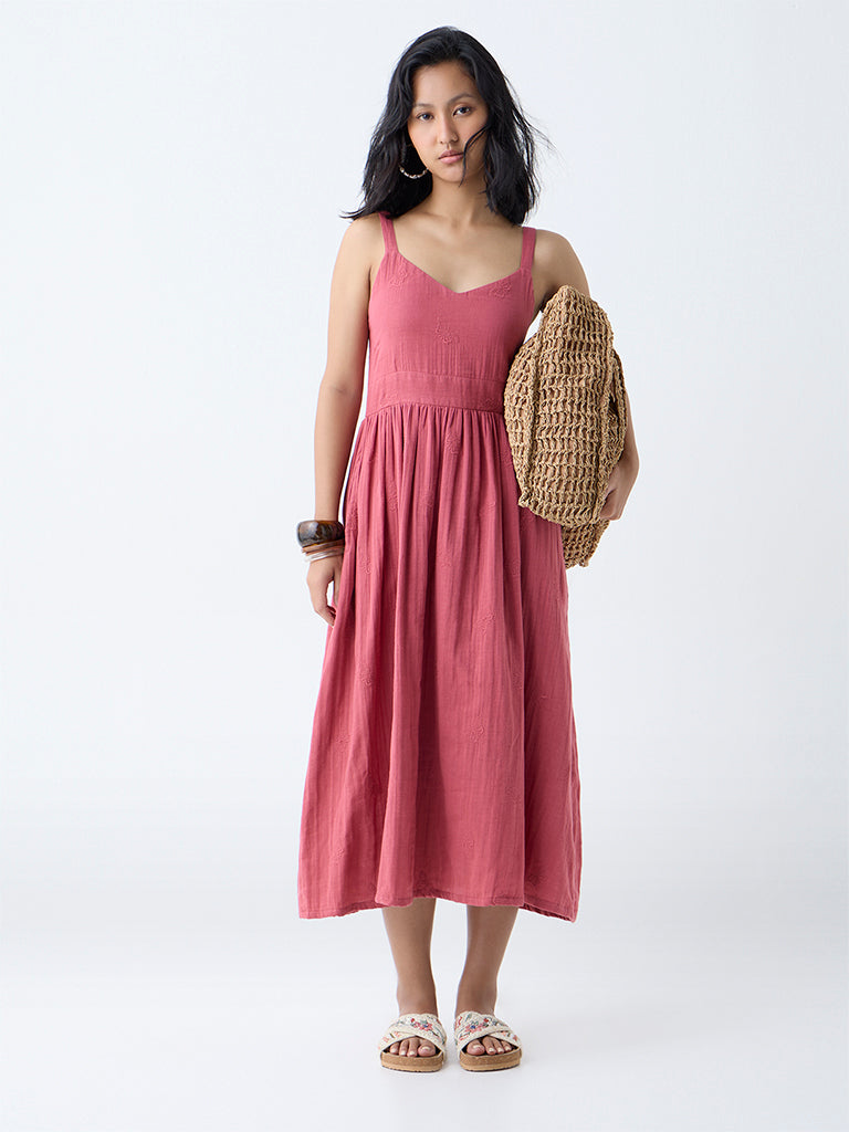 Westside Bombay Paisley Women's Dusty Pink Embroidered Cotton A-Line Dress for Everyday Front view