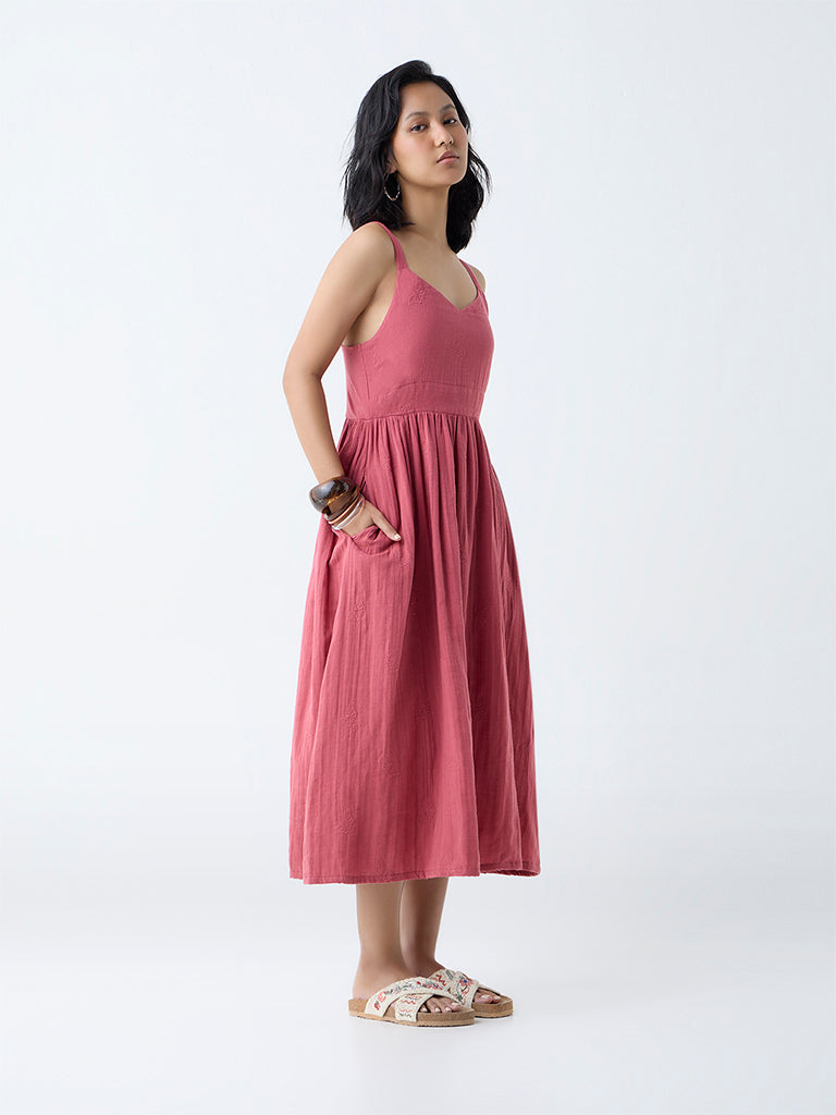 Westside Bombay Paisley Women's Dusty Pink Embroidered Cotton A-Line Dress for Everyday Full View