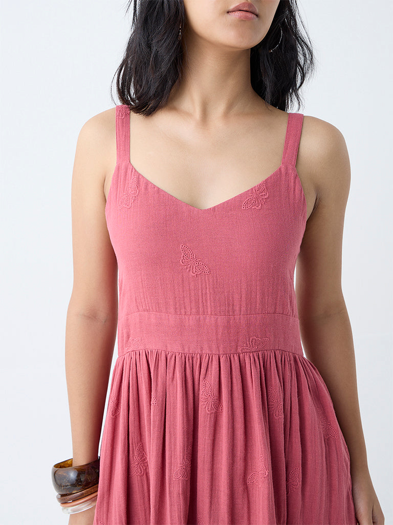 Westside Bombay Paisley Women's Dusty Pink Embroidered Cotton A-Line Dress for Everyday Zoomed View