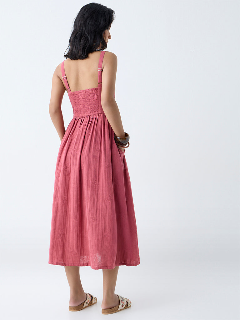 Westside Bombay Paisley Women's Dusty Pink Embroidered Cotton A-Line Dress for Everyday Back View
