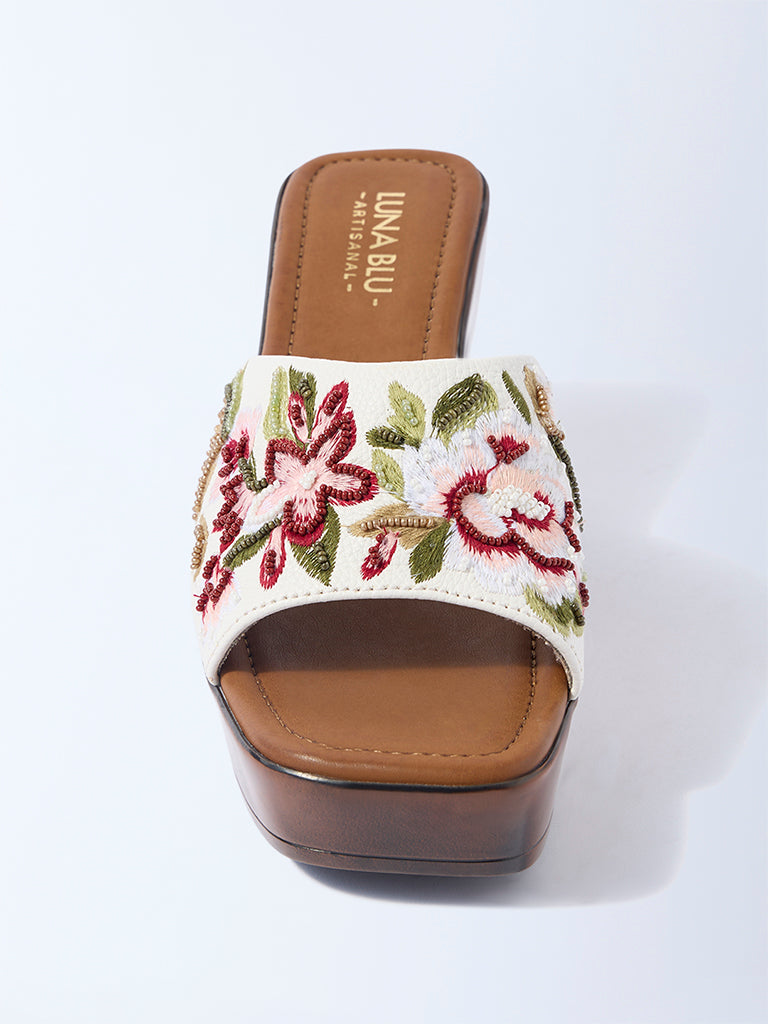 LUNA BLU Red Floral Embroidered Platform Heel Sandals