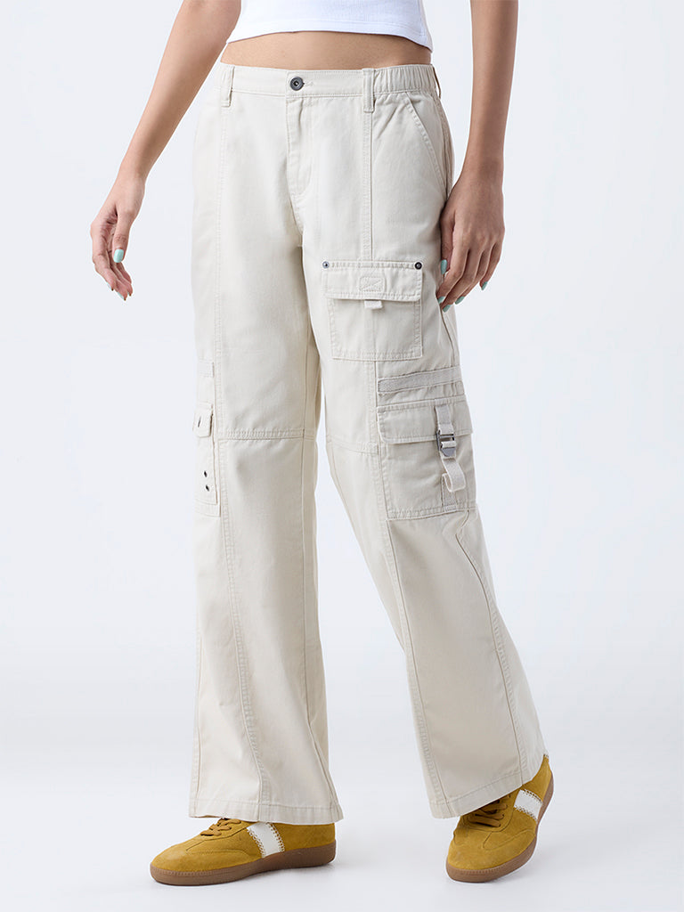 Nuon Beige Cargo-Style High-Rise Cotton Pants