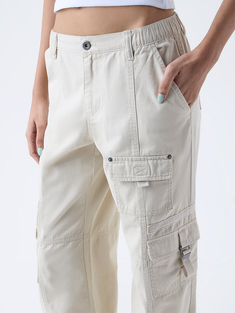 Nuon Beige Cargo-Style High-Rise Cotton Pants