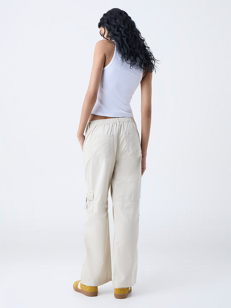 Nuon Beige Cargo-Style High-Rise Cotton Pants