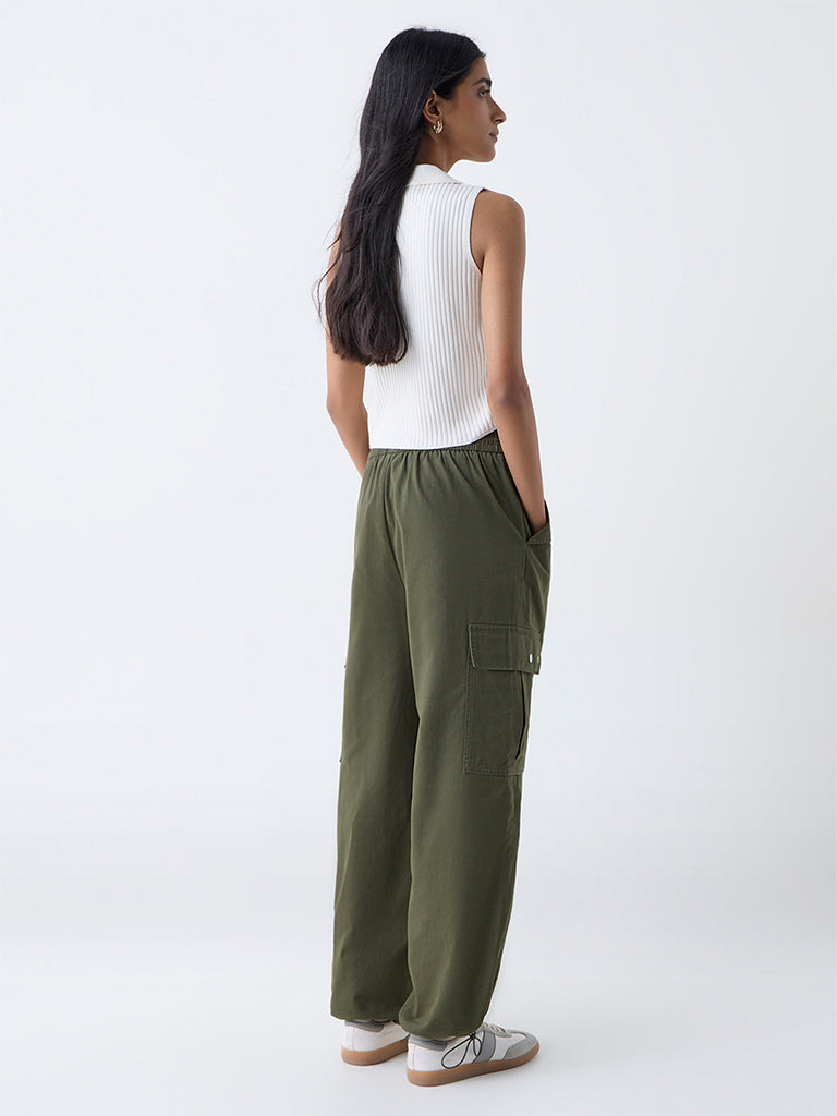 Nuon Green Cargo-Style High-Rise Cotton Joggers