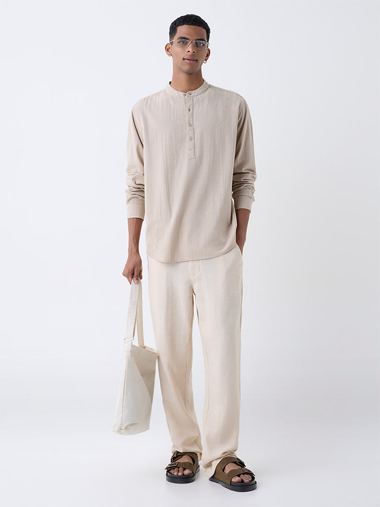 ETA Beige Self-Patterned Relaxed-Fit Cotton-Blend Shirt
