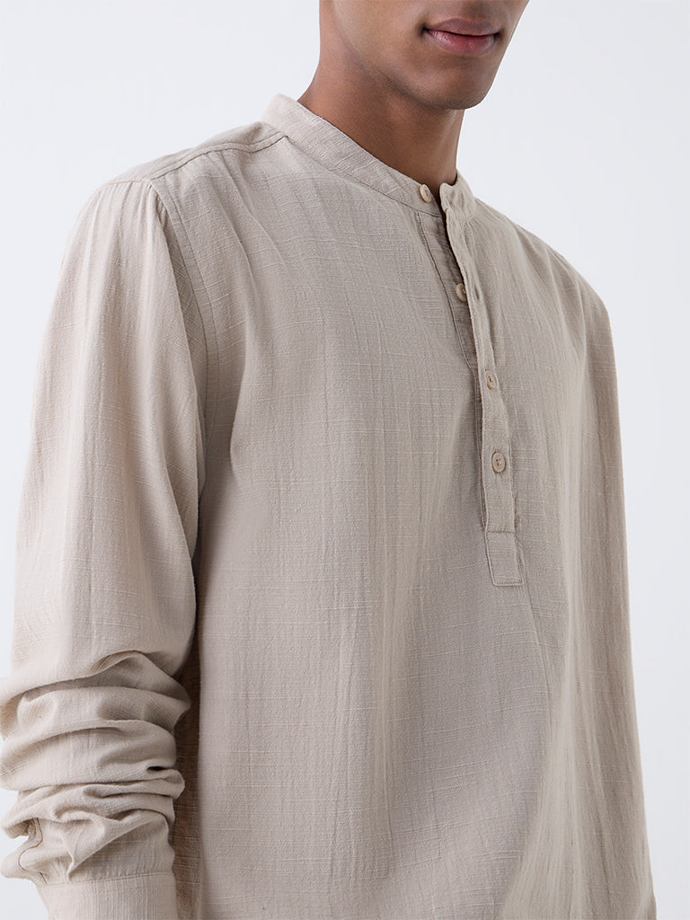 ETA Beige Self-Patterned Relaxed-Fit Cotton-Blend Shirt