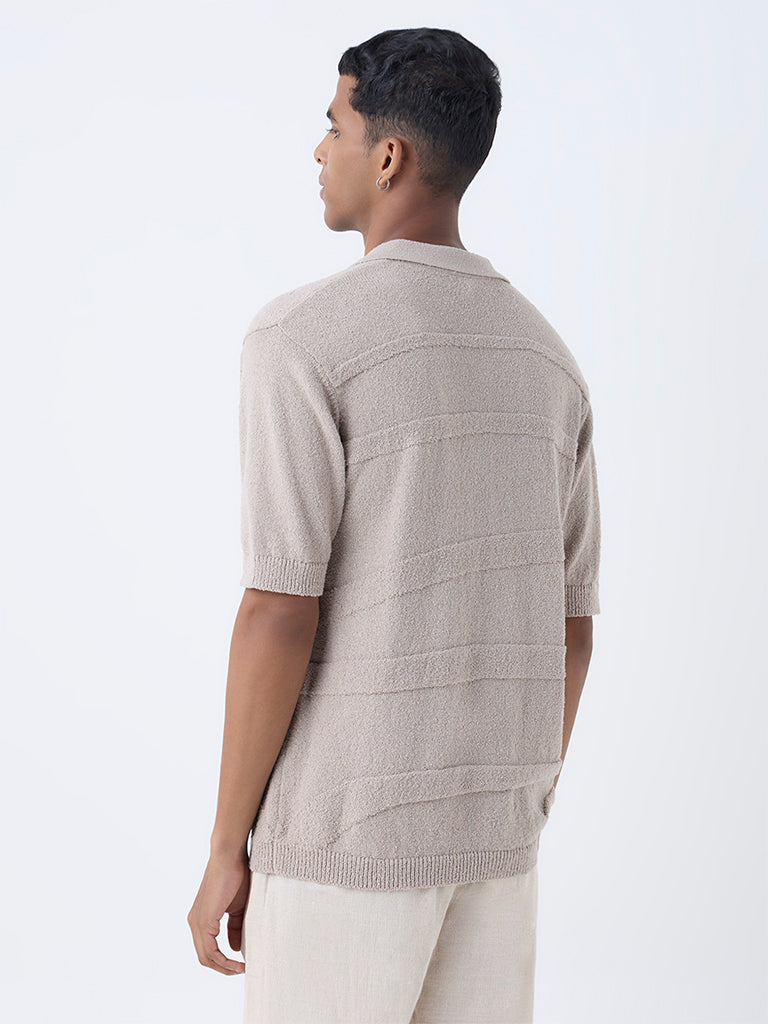 ETA Beige Self-Striped Relaxed-Fit Cotton Polo T-Shirt