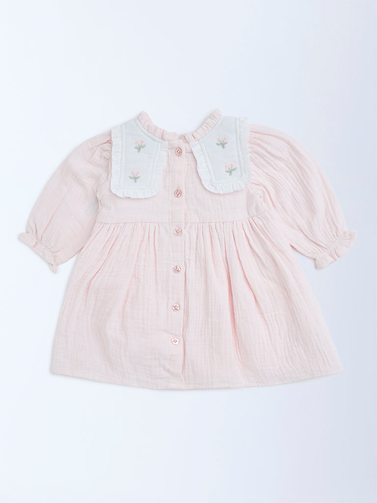 HOP Baby Pink Floral Embroidered Cotton A-Line Dress