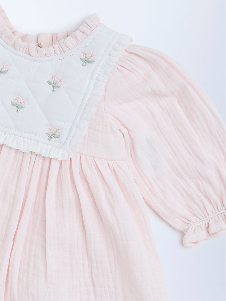HOP Baby Pink Floral Embroidered Cotton A-Line Dress